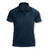 A dark navy women's polo shirt featuring a collar and short sleeves, with a logo on the chest area.