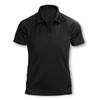 A black polo shirt with a collar and a logo, featuring a lightweight and breathable fabric design.