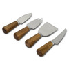 A cheese knife set featuring four stainless steel knives with wooden handles. Includes a variety of blade shapes for different cheeses.