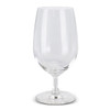 A clear, elegant beer glass with a stem and a wide bowl, showcasing a sleek design.