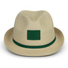 A tan fedora hat featuring a green band and a square patch area for branding.