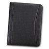 A black Carrington Portfolio featuring a textured finish and a sleek design, with a logo present on the cover.
