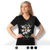 A black V-neck women's t-shirt featuring a floral design with the text "You are unique and beautiful." Includes a logo.