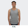 A grey men's tank top displayed on a model, featuring a simple design and a logo on the garment.