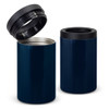 A drink bottle cooler in navy blue with a removable black lid and a shiny stainless steel interior.