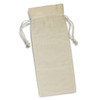 A cream cotton drawstring bag featuring a logo, designed to hold a wine bottle.