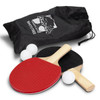 A portable table tennis set featuring red and black paddles, three white balls, and a black carry bag with a logo.