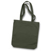 An olive green canvas tote bag with two shoulder straps and a simple design. It features a logo.