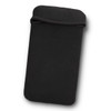 A black phone pouch with a soft texture and a folded top, designed for protection. Features a logo.