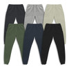 A collection of unisex sweatpants in six colours: grey, black, navy, olive green, beige, and dark grey, featuring a logo.