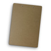 A brown clipboard made of hardboard with two metal clips at the top. It has a smooth surface and rounded corners.