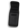 A black phone pouch with a textured exterior, featuring Velcro closures and a compact design. It has a logo on it.