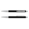 A metal pen in black with silver accents, featuring a sleek design and a clip. Includes a branding logo.