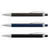 Three metal pens featuring a textured grip in black, blue, and silver, with silver accents and clip.