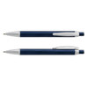 A navy blue metal pen with a textured grip and silver accents, featuring a clip and a branding logo.