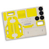 A wooden model kit of a hatchback car, featuring yellow components and black wheels, ready for assembly.