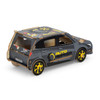 A wooden model of a hatchback car in grey, featuring yellow wheels and an automotive repair theme, with a logo.