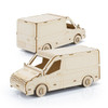 A wooden model of a van in a light natural wood finish, featuring a detailed design with wheels and windows.