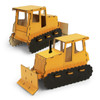 A yellow wooden bulldozer model with black tracks and a frontal blade, featuring a simplistic design.