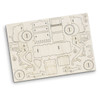 A wooden model kit for a wheel loader, featuring intricate pieces and gears on a light-coloured wooden base.