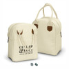 A cream-coloured lunch bag with brown accents, featuring a logo on the front and two handles for carrying.