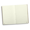 A soft cover notebook with lined pages, featuring a cream colour and a simple logo at the corners.