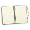 A spiral notebook with beige covers and lined pages, featuring a logo on the bottom corners.