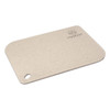 A chopping board in a light beige colour with a rounded edge and a handle hole, featuring a logo.
