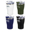 A drink bottle collection featuring four vacuum cups in white, green, navy, and black, each with a clear lid and branding.