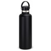 A drink bottle in matte black with a carry lid and a metallic accent, featuring a logo.