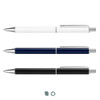 A set of three metal pens in white, navy blue, and black, each featuring a silver clip and detailing.