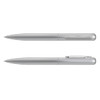 A silver metal pen with a smooth, sleek design and a clip. Features both cap and retractable mechanisms.