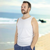 A men's white sports tank top displayed against a beach background, featuring a logo on the chest.