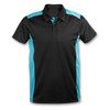 A black polo shirt with turquoise panels on the sides, featuring a collar and button placket. It has a logo.