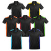 Eight men's polo shirts in black with various coloured side panels: grey, orange, red, green, blue, and teal. Each has a logo.