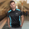 A men's polo shirt in black with turquoise accents, featuring a logo on the chest.