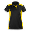 A black and yellow women's polo shirt featuring a collar and a logo.