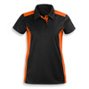 A women's polo shirt featuring black and orange panels, with a collar and three-button placket. It has a logo.