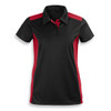 A women's polo shirt in black with red accents, featuring a collar and buttons, and a logo on the front.