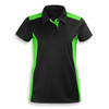 A black and neon green women's polo shirt featuring a collared neckline and a logo.