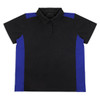 A black polo shirt with blue side panels and a collared neckline, featuring buttons and a logo.