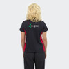 A women's polo shirt in black with red accents and a logo on the back.