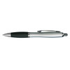 A metallic pen with a silver body and a black grip, featuring a clip and a logo.