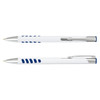 A white barrel metal pen with blue accents and a silver clip, featuring a logo on the side.