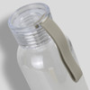 A drink bottle with a transparent body and a grey silicone strap, featuring a fitted lid and an internal drinking spout.