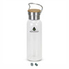 A drink bottle with a clear glass body, stainless steel lid, and a wooden top, featuring a logo.