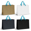 Four extra large ribbon handle paper bags in brown, white, black, and black, featuring blue handles.