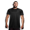A black T-shirt with a logo on the chest, featuring short sleeves and a relaxed fit.