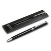 A metal pen in black with silver accents, presented in a sleek black packaging with a branding logo.