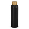 A drink bottle in matte black with a bamboo lid and a simple logo on the body.
